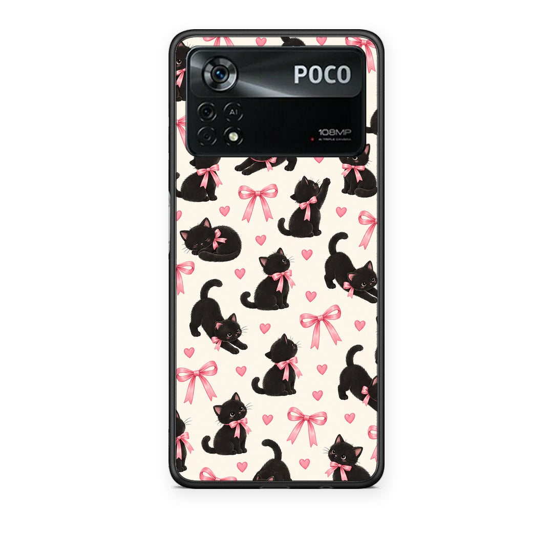 Θήκη Xiaomi Poco X4 Pro 5G Black Kittens and Pink Bows on Cream Small από τη Smartfits με σχέδιο στο πίσω μέρος και μαύρο περίβλημα | Xiaomi Poco X4 Pro 5G Black Kittens and Pink Bows on Cream Small case with colorful back and black bezels