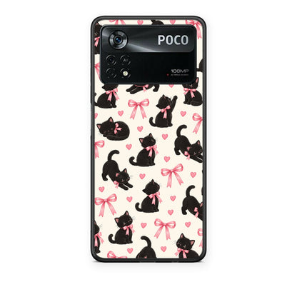 Θήκη Xiaomi Poco X4 Pro 5G Black Kittens and Pink Bows on Cream Small από τη Smartfits με σχέδιο στο πίσω μέρος και μαύρο περίβλημα | Xiaomi Poco X4 Pro 5G Black Kittens and Pink Bows on Cream Small case with colorful back and black bezels