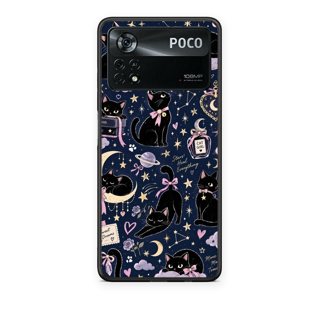 Θήκη Xiaomi Poco X4 Pro 5G Celestial Black Cats on Navy από τη Smartfits με σχέδιο στο πίσω μέρος και μαύρο περίβλημα | Xiaomi Poco X4 Pro 5G Celestial Black Cats on Navy case with colorful back and black bezels
