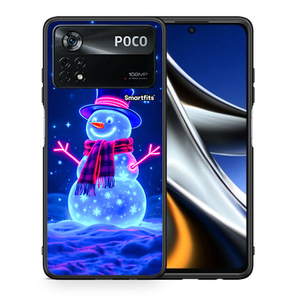 Θήκη Xiaomi Poco X4 Pro 5G Christmas Neon Snowman από τη Smartfits με σχέδιο στο πίσω μέρος και μαύρο περίβλημα | Xiaomi Poco X4 Pro 5G Christmas Neon Snowman case with colorful back and black bezels