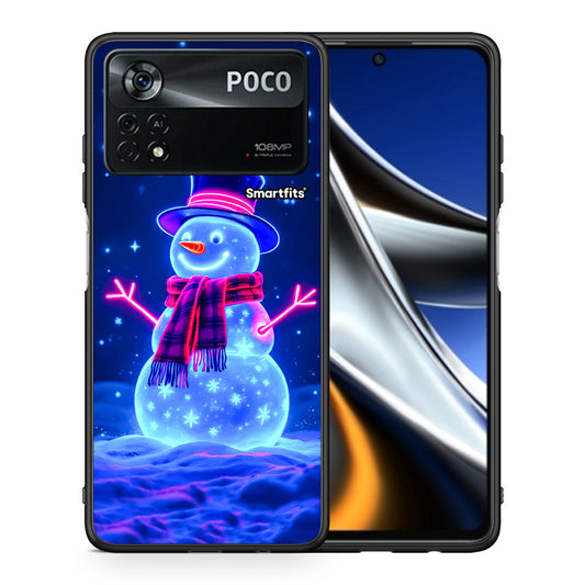 Θήκη Xiaomi Poco X4 Pro 5G Christmas Neon Snowman από τη Smartfits με σχέδιο στο πίσω μέρος και μαύρο περίβλημα | Xiaomi Poco X4 Pro 5G Christmas Neon Snowman case with colorful back and black bezels