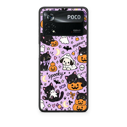 Θήκη Xiaomi Poco X4 Pro 5G Halloween Black Cats on Lilac από τη Smartfits με σχέδιο στο πίσω μέρος και μαύρο περίβλημα | Xiaomi Poco X4 Pro 5G Halloween Black Cats on Lilac case with colorful back and black bezels