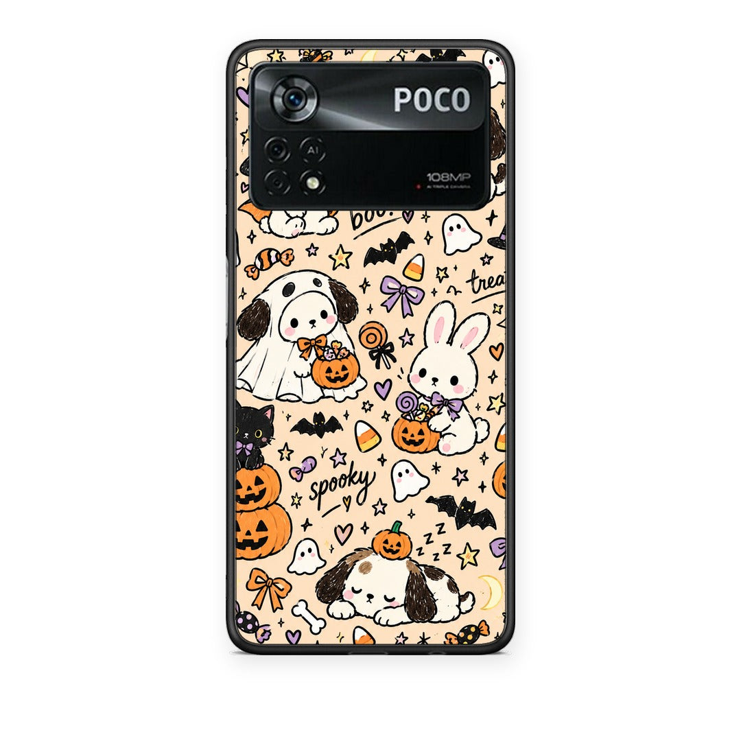 Θήκη Xiaomi Poco X4 Pro 5G Halloween Puppies and Friends on Cream από τη Smartfits με σχέδιο στο πίσω μέρος και μαύρο περίβλημα | Xiaomi Poco X4 Pro 5G Halloween Puppies and Friends on Cream case with colorful back and black bezels