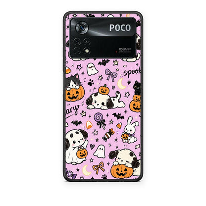 Θήκη Xiaomi Poco X4 Pro 5G Halloween Puppies and Friends on Lilac από τη Smartfits με σχέδιο στο πίσω μέρος και μαύρο περίβλημα | Xiaomi Poco X4 Pro 5G Halloween Puppies and Friends on Lilac case with colorful back and black bezels