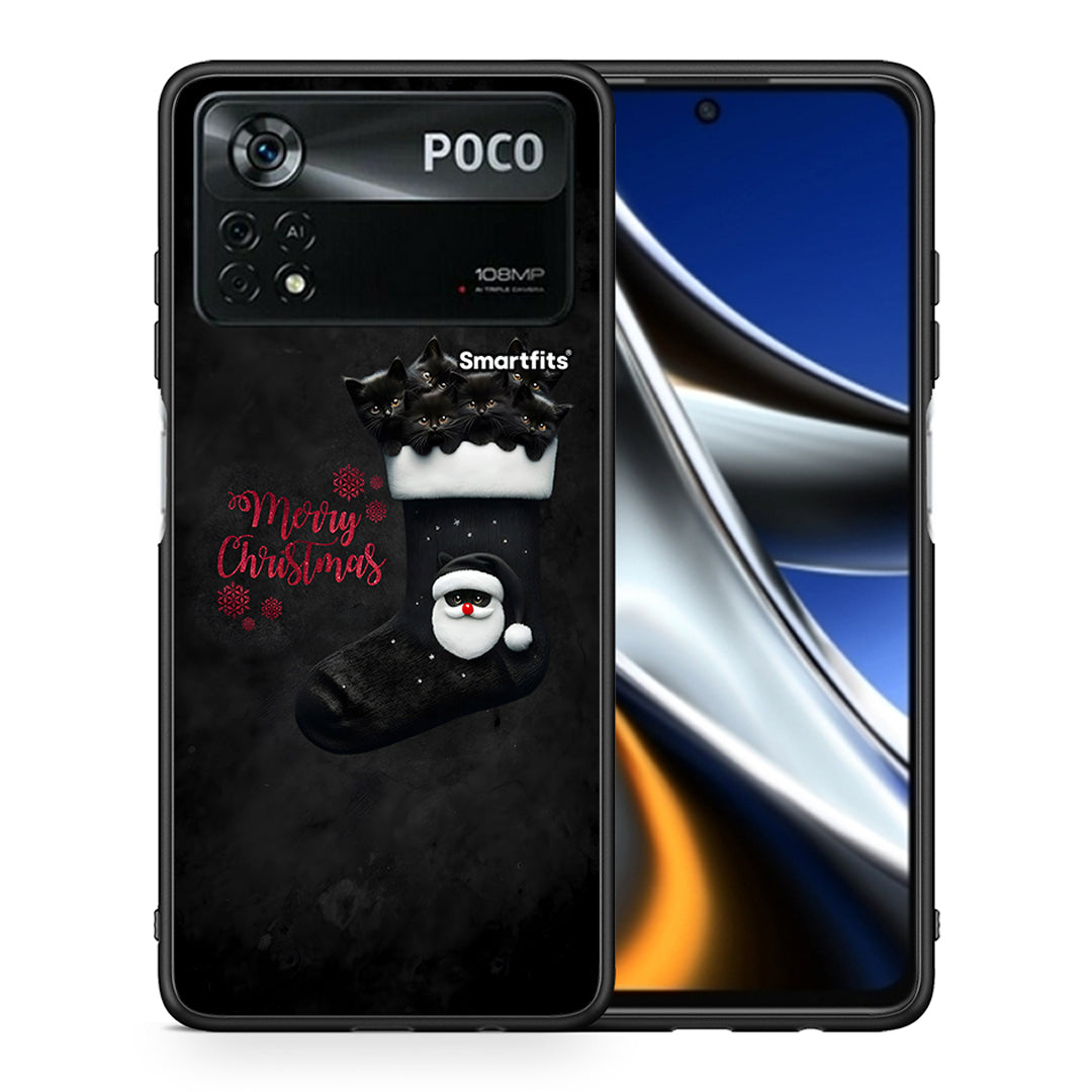 Θήκη Xiaomi Poco X4 Pro 5G Merry Cat Christmas από τη Smartfits με σχέδιο στο πίσω μέρος και μαύρο περίβλημα | Xiaomi Poco X4 Pro 5G Merry Cat Christmas case with colorful back and black bezels