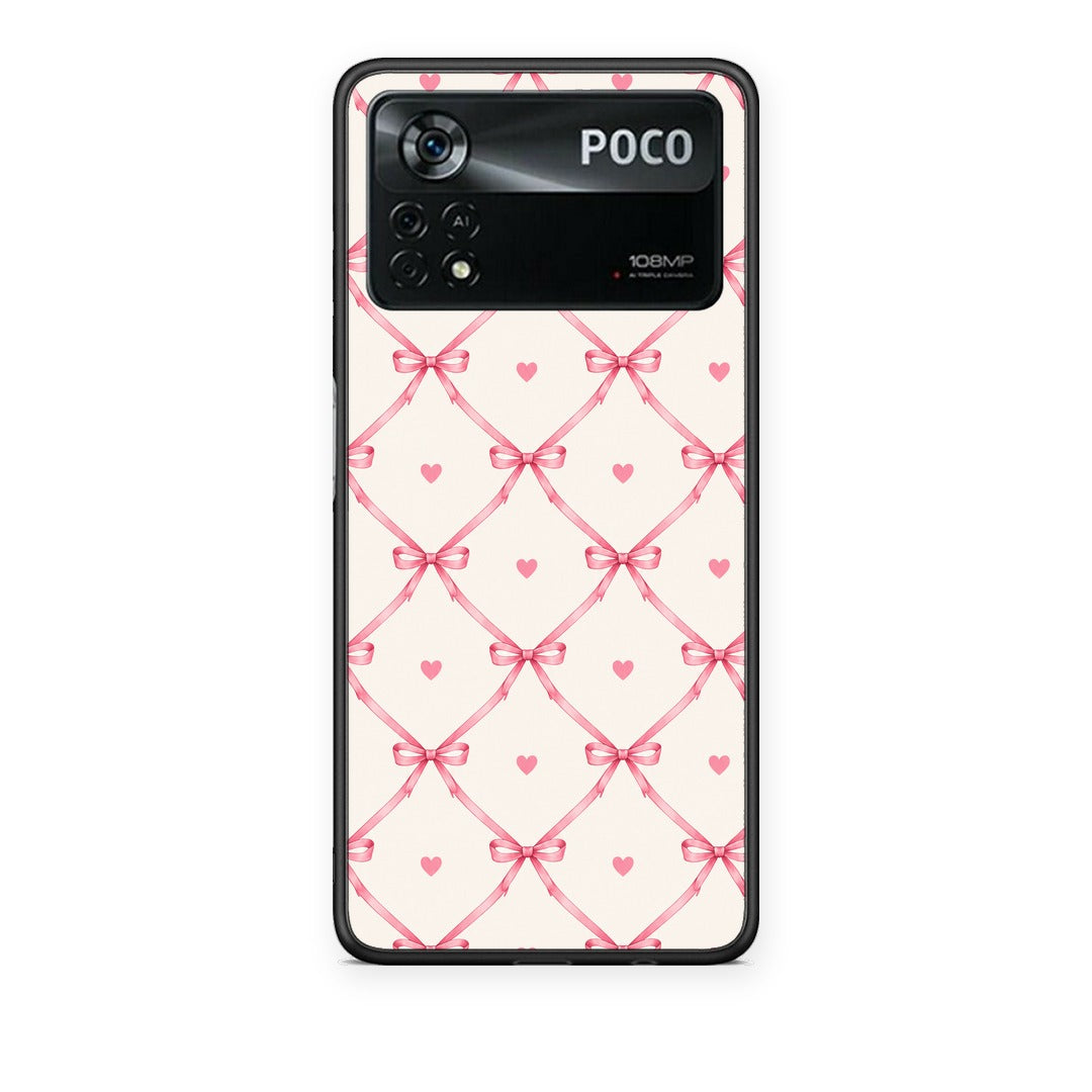Θήκη Xiaomi Poco X4 Pro 5G Pink Bow Lattice and Hearts on Cream από τη Smartfits με σχέδιο στο πίσω μέρος και μαύρο περίβλημα | Xiaomi Poco X4 Pro 5G Pink Bow Lattice and Hearts on Cream case with colorful back and black bezels