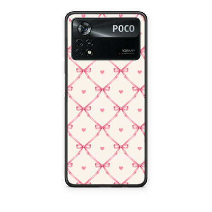 Θήκη Xiaomi Poco X4 Pro 5G Pink Bow Lattice and Hearts on Cream από τη Smartfits με σχέδιο στο πίσω μέρος και μαύρο περίβλημα | Xiaomi Poco X4 Pro 5G Pink Bow Lattice and Hearts on Cream case with colorful back and black bezels