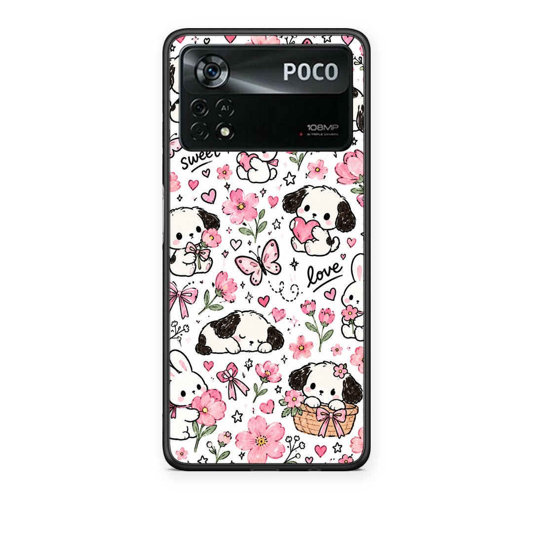 Θήκη Xiaomi Poco X4 Pro 5G Pink Florals Puppies and Bunnies on White από τη Smartfits με σχέδιο στο πίσω μέρος και μαύρο περίβλημα | Xiaomi Poco X4 Pro 5G Pink Florals Puppies and Bunnies on White case with colorful back and black bezels
