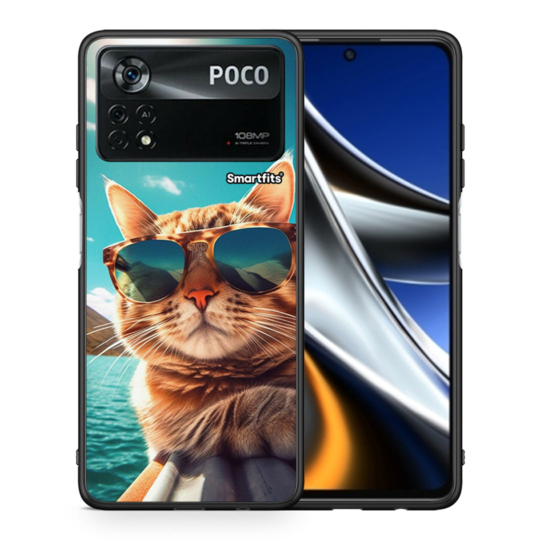 Θήκη Xiaomi Poco X4 Pro 5G Summer Cat από τη Smartfits με σχέδιο στο πίσω μέρος και μαύρο περίβλημα | Xiaomi Poco X4 Pro 5G Summer Cat case with colorful back and black bezels