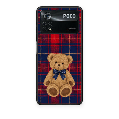 Θήκη Xiaomi Poco X4 Pro 5G Teddy Bear on Red and Navy Tartan από τη Smartfits με σχέδιο στο πίσω μέρος και μαύρο περίβλημα | Xiaomi Poco X4 Pro 5G Teddy Bear on Red and Navy Tartan case with colorful back and black bezels