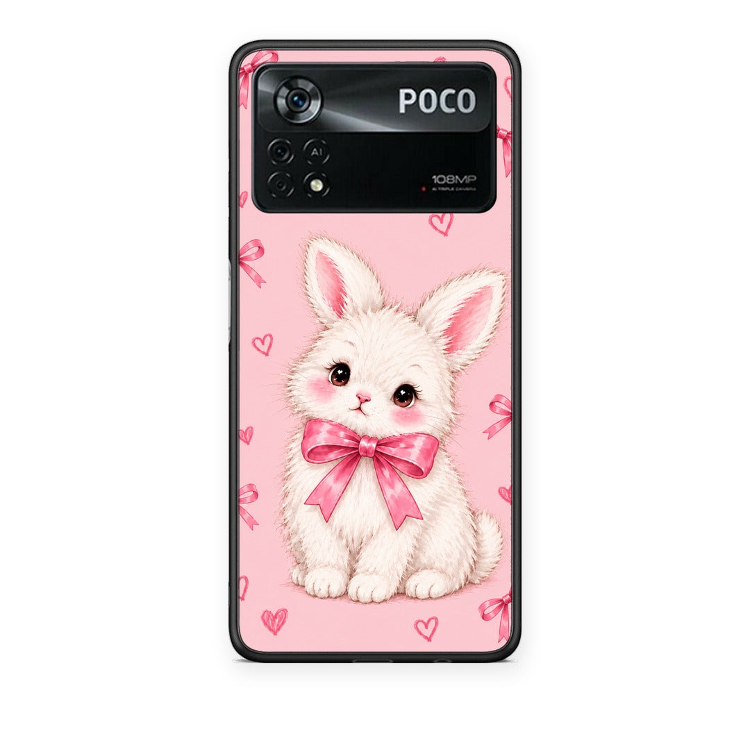 Θήκη Xiaomi Poco X4 Pro 5G White Bunny and Pink Bows από τη Smartfits με σχέδιο στο πίσω μέρος και μαύρο περίβλημα | Xiaomi Poco X4 Pro 5G White Bunny and Pink Bows case with colorful back and black bezels