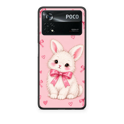 Θήκη Xiaomi Poco X4 Pro 5G White Bunny and Pink Bows από τη Smartfits με σχέδιο στο πίσω μέρος και μαύρο περίβλημα | Xiaomi Poco X4 Pro 5G White Bunny and Pink Bows case with colorful back and black bezels