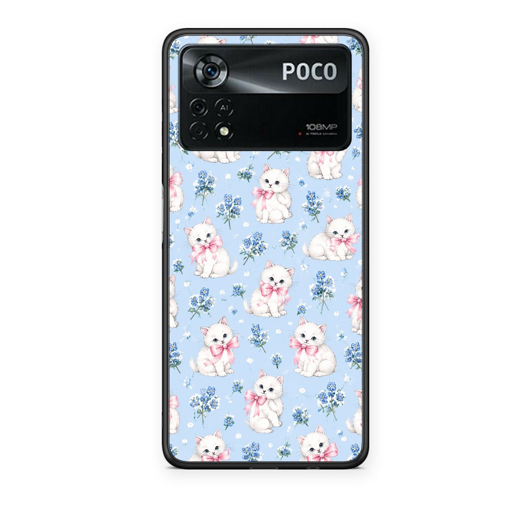Θήκη Xiaomi Poco X4 Pro 5G White Kittens and Blue Flowers Small από τη Smartfits με σχέδιο στο πίσω μέρος και μαύρο περίβλημα | Xiaomi Poco X4 Pro 5G White Kittens and Blue Flowers Small case with colorful back and black bezels