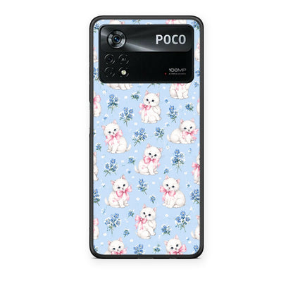 Θήκη Xiaomi Poco X4 Pro 5G White Kittens and Blue Flowers Small από τη Smartfits με σχέδιο στο πίσω μέρος και μαύρο περίβλημα | Xiaomi Poco X4 Pro 5G White Kittens and Blue Flowers Small case with colorful back and black bezels
