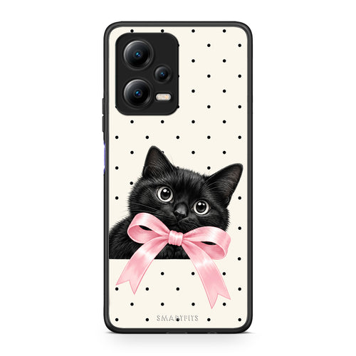 Θήκη Xiaomi Redmi Note 12 5G Black Kitten Pink Bow and Polka Dots από τη Smartfits με σχέδιο στο πίσω μέρος και μαύρο περίβλημα | Xiaomi Redmi Note 12 5G Black Kitten Pink Bow and Polka Dots case with colorful back and black bezels