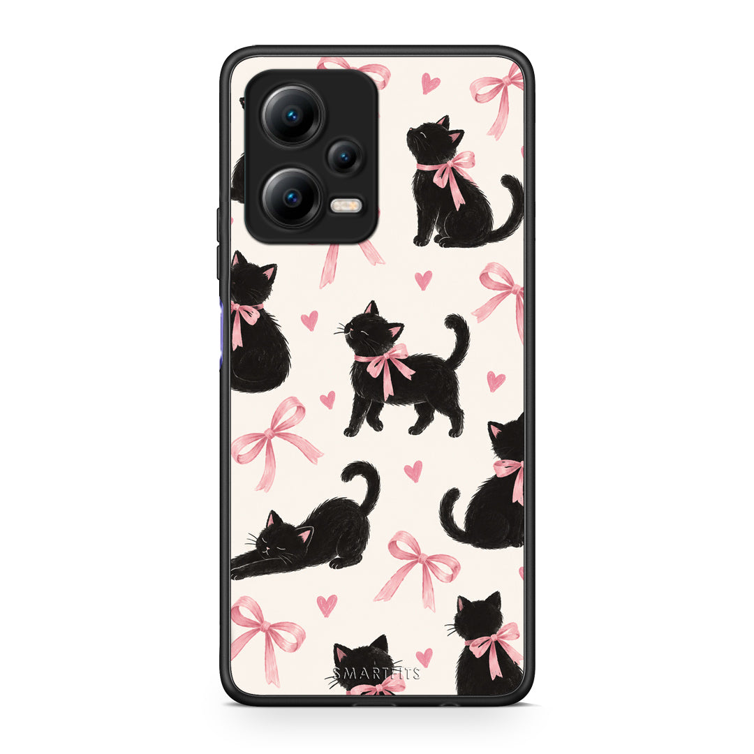 Θήκη Xiaomi Redmi Note 12 5G Black Kittens and Pink Bows on Cream Large από τη Smartfits με σχέδιο στο πίσω μέρος και μαύρο περίβλημα | Xiaomi Redmi Note 12 5G Black Kittens and Pink Bows on Cream Large case with colorful back and black bezels