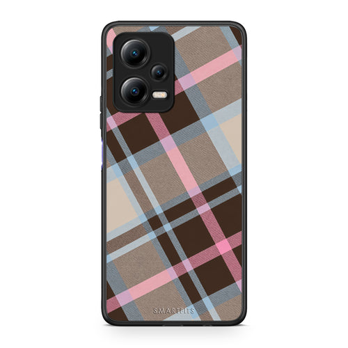 Θήκη Xiaomi Redmi Note 12 5G Brown Pink and Blue Diagonal Plaid από τη Smartfits με σχέδιο στο πίσω μέρος και μαύρο περίβλημα | Xiaomi Redmi Note 12 5G Brown Pink and Blue Diagonal Plaid case with colorful back and black bezels