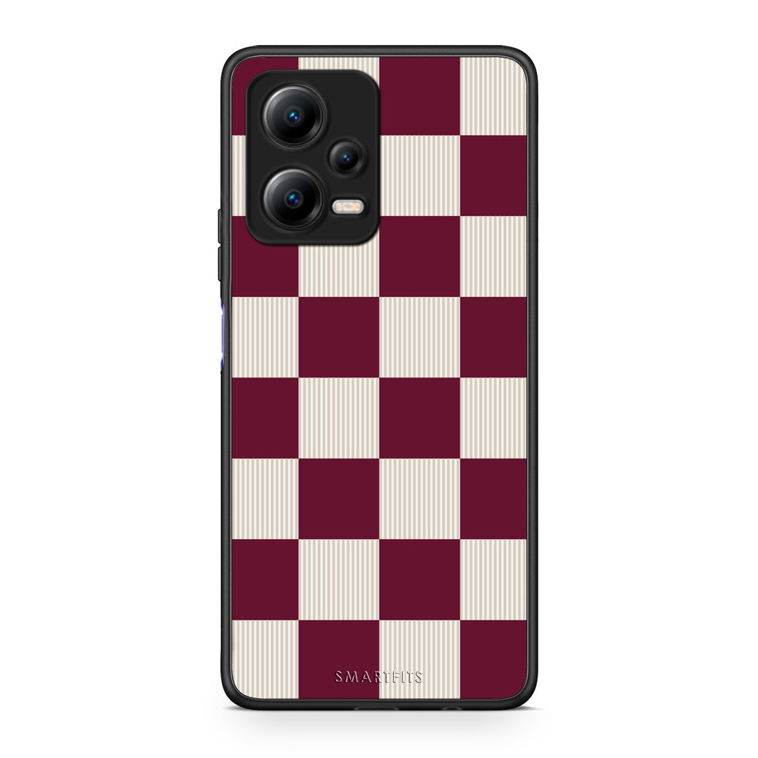 Θήκη Xiaomi Redmi Note 12 5G Burgundy and Cream Striped Checks από τη Smartfits με σχέδιο στο πίσω μέρος και μαύρο περίβλημα | Xiaomi Redmi Note 12 5G Burgundy and Cream Striped Checks case with colorful back and black bezels