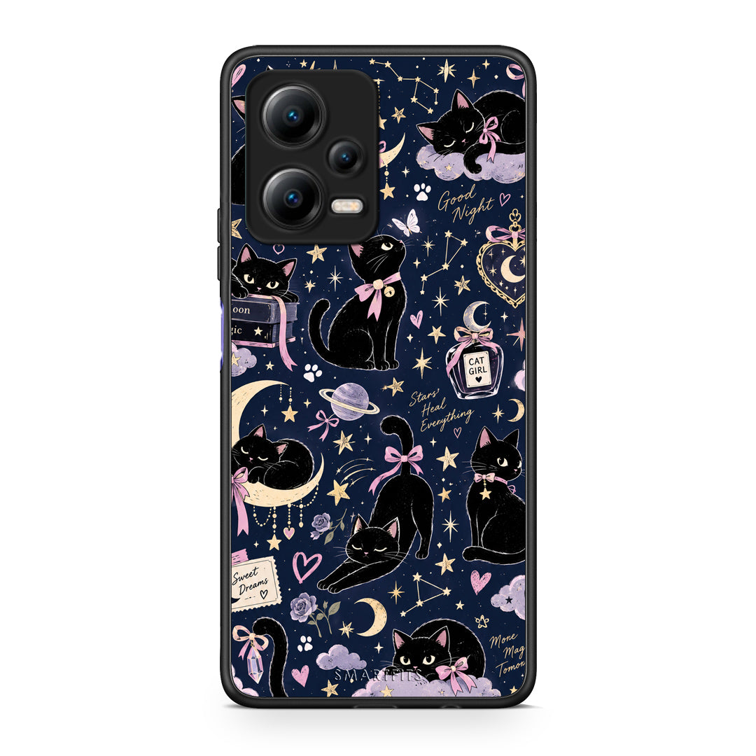 Θήκη Xiaomi Redmi Note 12 5G Celestial Black Cats on Navy από τη Smartfits με σχέδιο στο πίσω μέρος και μαύρο περίβλημα | Xiaomi Redmi Note 12 5G Celestial Black Cats on Navy case with colorful back and black bezels
