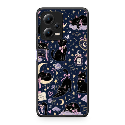 Θήκη Xiaomi Redmi Note 12 5G Celestial Black Cats on Navy από τη Smartfits με σχέδιο στο πίσω μέρος και μαύρο περίβλημα | Xiaomi Redmi Note 12 5G Celestial Black Cats on Navy case with colorful back and black bezels