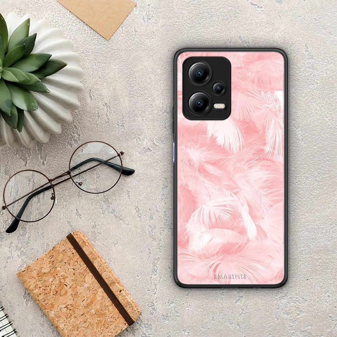 Θήκη Xiaomi Redmi Note 12 5G Boho Pink Feather από τη Smartfits με σχέδιο στο πίσω μέρος και μαύρο περίβλημα | Xiaomi Redmi Note 12 5G Boho Pink Feather Case with Colorful Back and Black Bezels