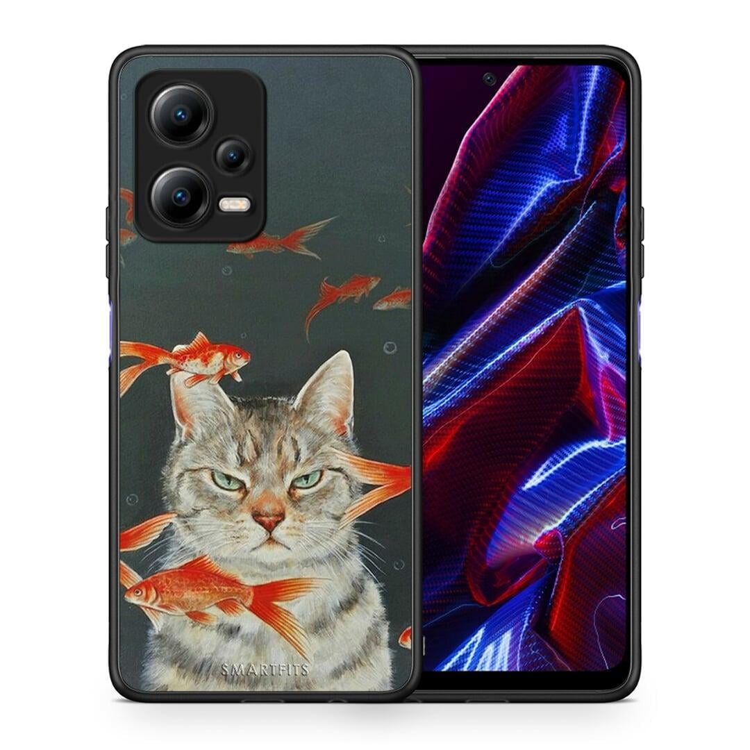 Θήκη Xiaomi Redmi Note 12 5G Cat Goldfish από τη Smartfits με σχέδιο στο πίσω μέρος και μαύρο περίβλημα | Xiaomi Redmi Note 12 5G Cat Goldfish Case with Colorful Back and Black Bezels