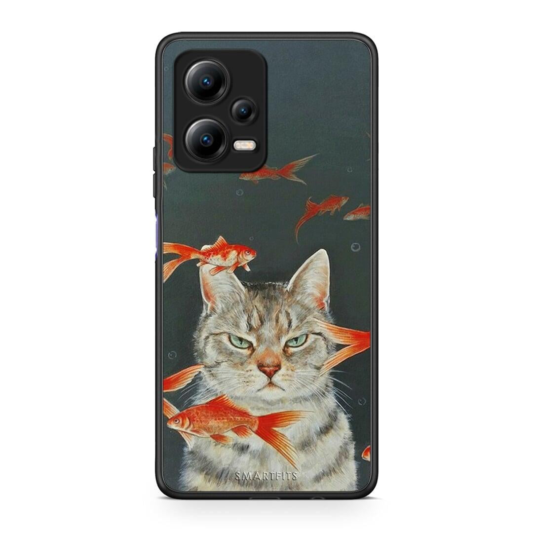 Θήκη Xiaomi Redmi Note 12 5G Cat Goldfish από τη Smartfits με σχέδιο στο πίσω μέρος και μαύρο περίβλημα | Xiaomi Redmi Note 12 5G Cat Goldfish Case with Colorful Back and Black Bezels