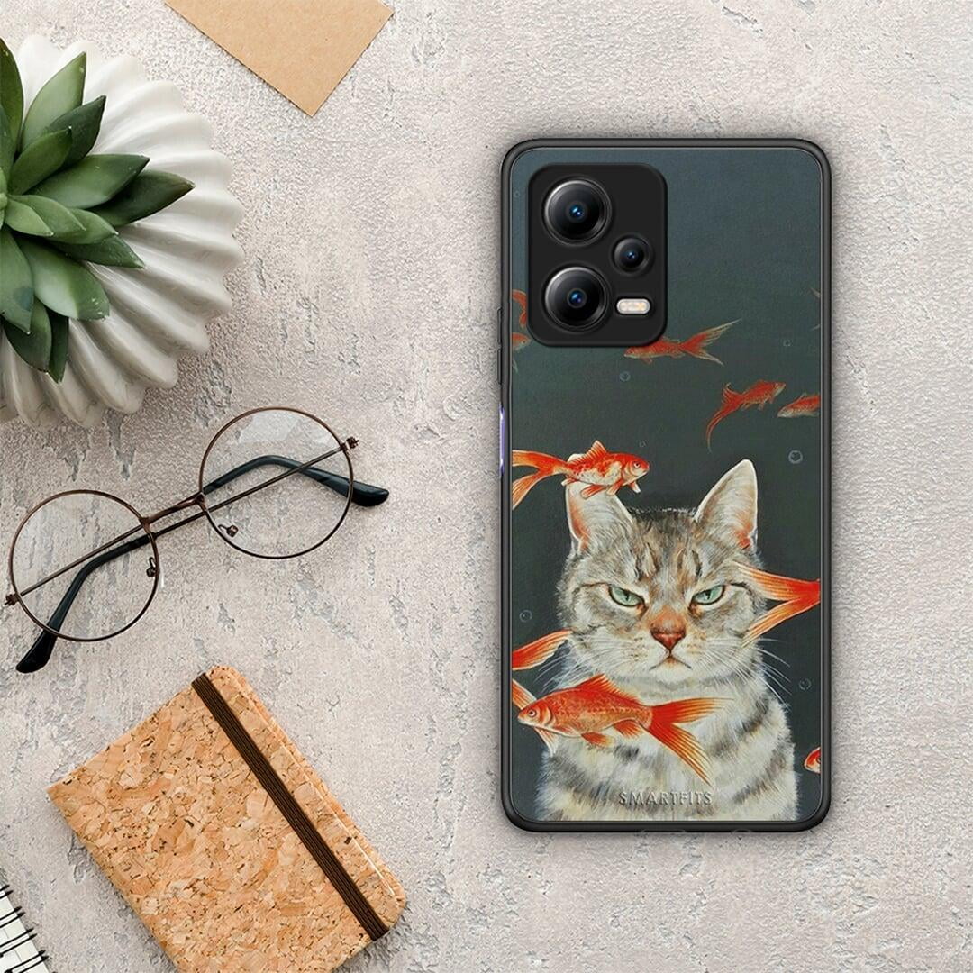 Θήκη Xiaomi Redmi Note 12 5G Cat Goldfish από τη Smartfits με σχέδιο στο πίσω μέρος και μαύρο περίβλημα | Xiaomi Redmi Note 12 5G Cat Goldfish Case with Colorful Back and Black Bezels