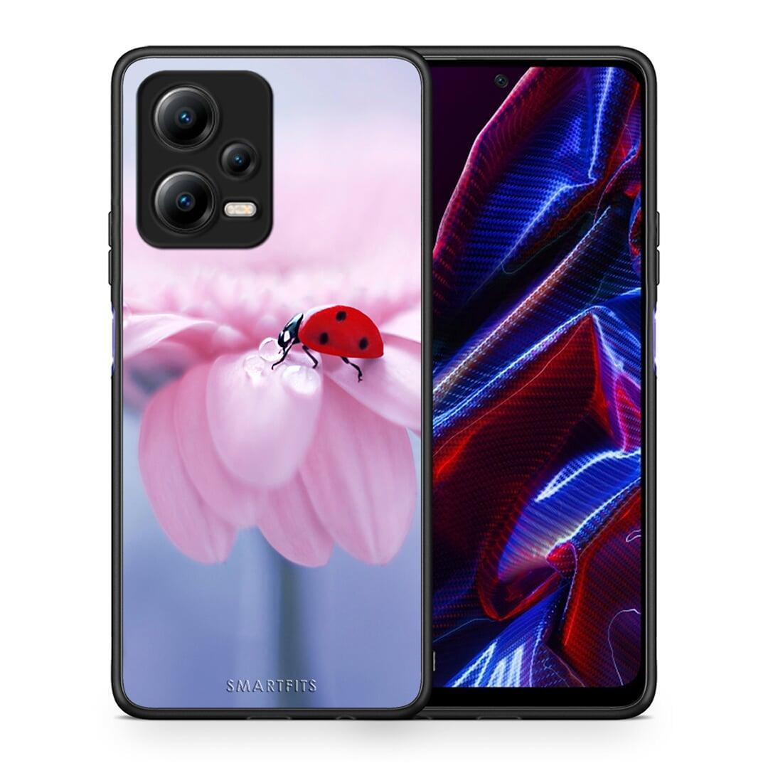 Θήκη Xiaomi Redmi Note 12 5G Ladybug Flower από τη Smartfits με σχέδιο στο πίσω μέρος και μαύρο περίβλημα | Xiaomi Redmi Note 12 5G Ladybug Flower Case with Colorful Back and Black Bezels