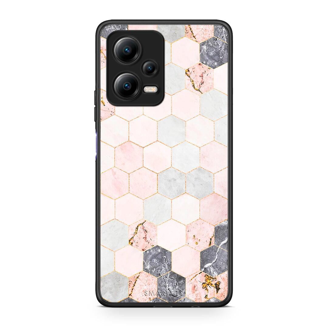 Θήκη Xiaomi Redmi Note 12 5G Marble Hexagon Pink από τη Smartfits με σχέδιο στο πίσω μέρος και μαύρο περίβλημα | Xiaomi Redmi Note 12 5G Marble Hexagon Pink Case with Colorful Back and Black Bezels