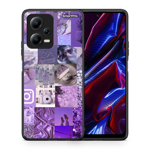 Θήκη Xiaomi Poco X5 5G Dual Purple Aesthetic Collage από τη Smartfits με σχέδιο στο πίσω μέρος και μαύρο περίβλημα | Xiaomi Poco X5 5G Dual Purple Aesthetic Collage Case with Colorful Back and Black Bezels