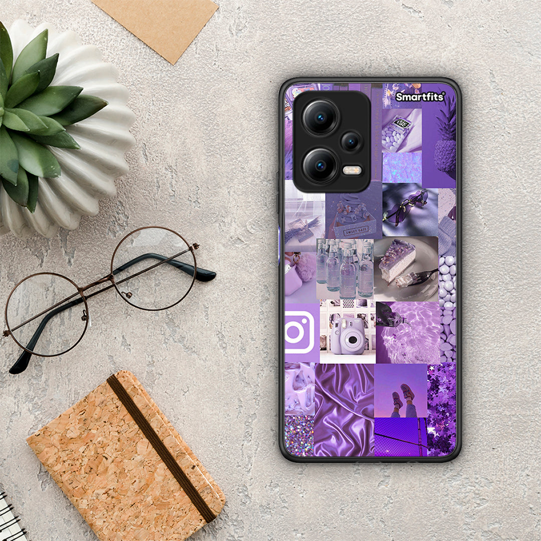 Θήκη Xiaomi Redmi Note 12 5G Purple Aesthetic Collage από τη Smartfits με σχέδιο στο πίσω μέρος και μαύρο περίβλημα | Xiaomi Redmi Note 12 5G Purple Aesthetic Collage Case with Colorful Back and Black Bezels