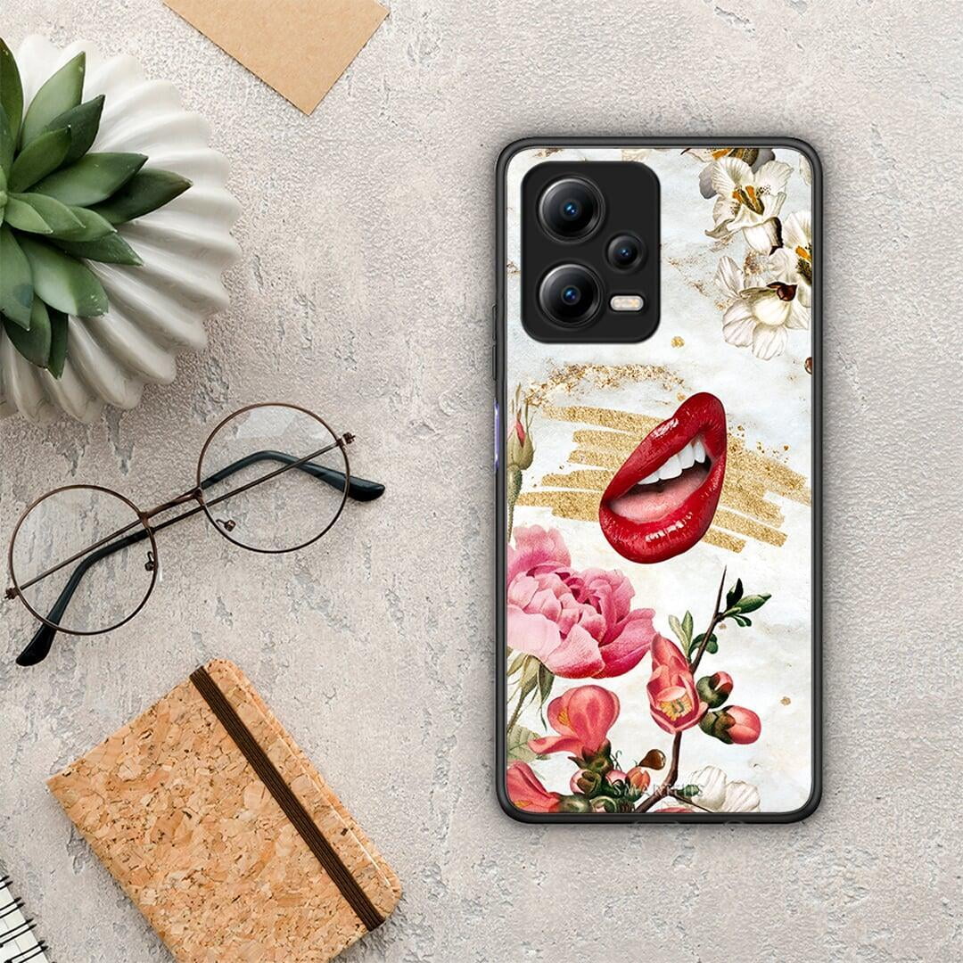 Θήκη Xiaomi Redmi Note 12 5G Red Lips από τη Smartfits με σχέδιο στο πίσω μέρος και μαύρο περίβλημα | Xiaomi Redmi Note 12 5G Red Lips Case with Colorful Back and Black Bezels