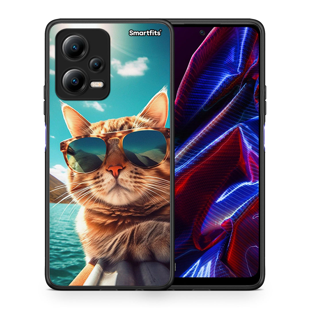 Θήκη Xiaomi Redmi Note 12 5G Summer Cat από τη Smartfits με σχέδιο στο πίσω μέρος και μαύρο περίβλημα | Xiaomi Redmi Note 12 5G Summer Cat Case with Colorful Back and Black Bezels