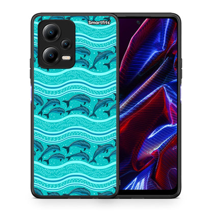Θήκη Xiaomi Poco X5 5G Dual Swimming Dolphins από τη Smartfits με σχέδιο στο πίσω μέρος και μαύρο περίβλημα | Xiaomi Poco X5 5G Dual Swimming Dolphins Case with Colorful Back and Black Bezels