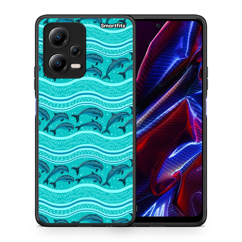 Θήκη Xiaomi Poco X5 5G Dual Swimming Dolphins από τη Smartfits με σχέδιο στο πίσω μέρος και μαύρο περίβλημα | Xiaomi Poco X5 5G Dual Swimming Dolphins Case with Colorful Back and Black Bezels