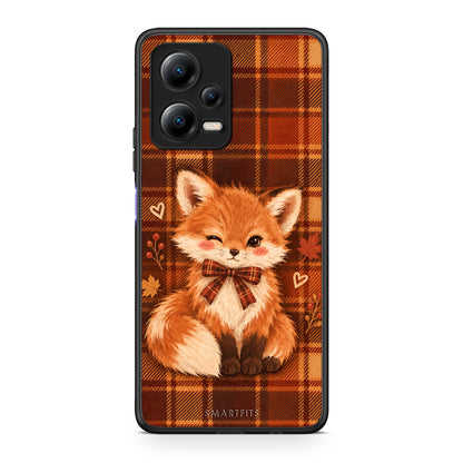 Θήκη Xiaomi Redmi Note 12 5G Fox on Autumn Tartan από τη Smartfits με σχέδιο στο πίσω μέρος και μαύρο περίβλημα | Xiaomi Redmi Note 12 5G Fox on Autumn Tartan case with colorful back and black bezels