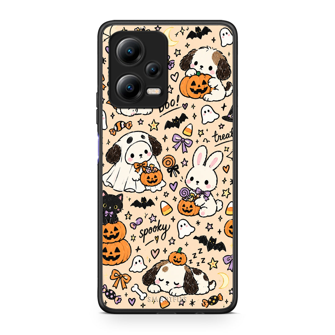 Θήκη Xiaomi Redmi Note 12 5G Halloween Puppies and Friends on Cream από τη Smartfits με σχέδιο στο πίσω μέρος και μαύρο περίβλημα | Xiaomi Redmi Note 12 5G Halloween Puppies and Friends on Cream case with colorful back and black bezels