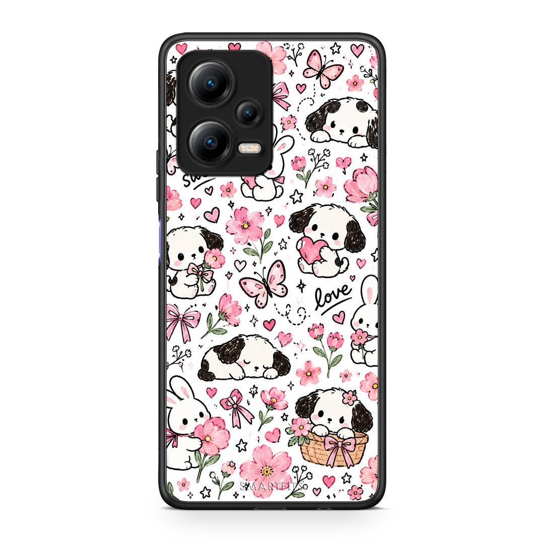 Θήκη Xiaomi Redmi Note 12 5G Pink Florals Puppies and Bunnies on White από τη Smartfits με σχέδιο στο πίσω μέρος και μαύρο περίβλημα | Xiaomi Redmi Note 12 5G Pink Florals Puppies and Bunnies on White case with colorful back and black bezels