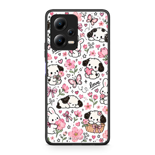 Θήκη Xiaomi Redmi Note 12 5G Pink Florals Puppies and Bunnies on White από τη Smartfits με σχέδιο στο πίσω μέρος και μαύρο περίβλημα | Xiaomi Redmi Note 12 5G Pink Florals Puppies and Bunnies on White case with colorful back and black bezels