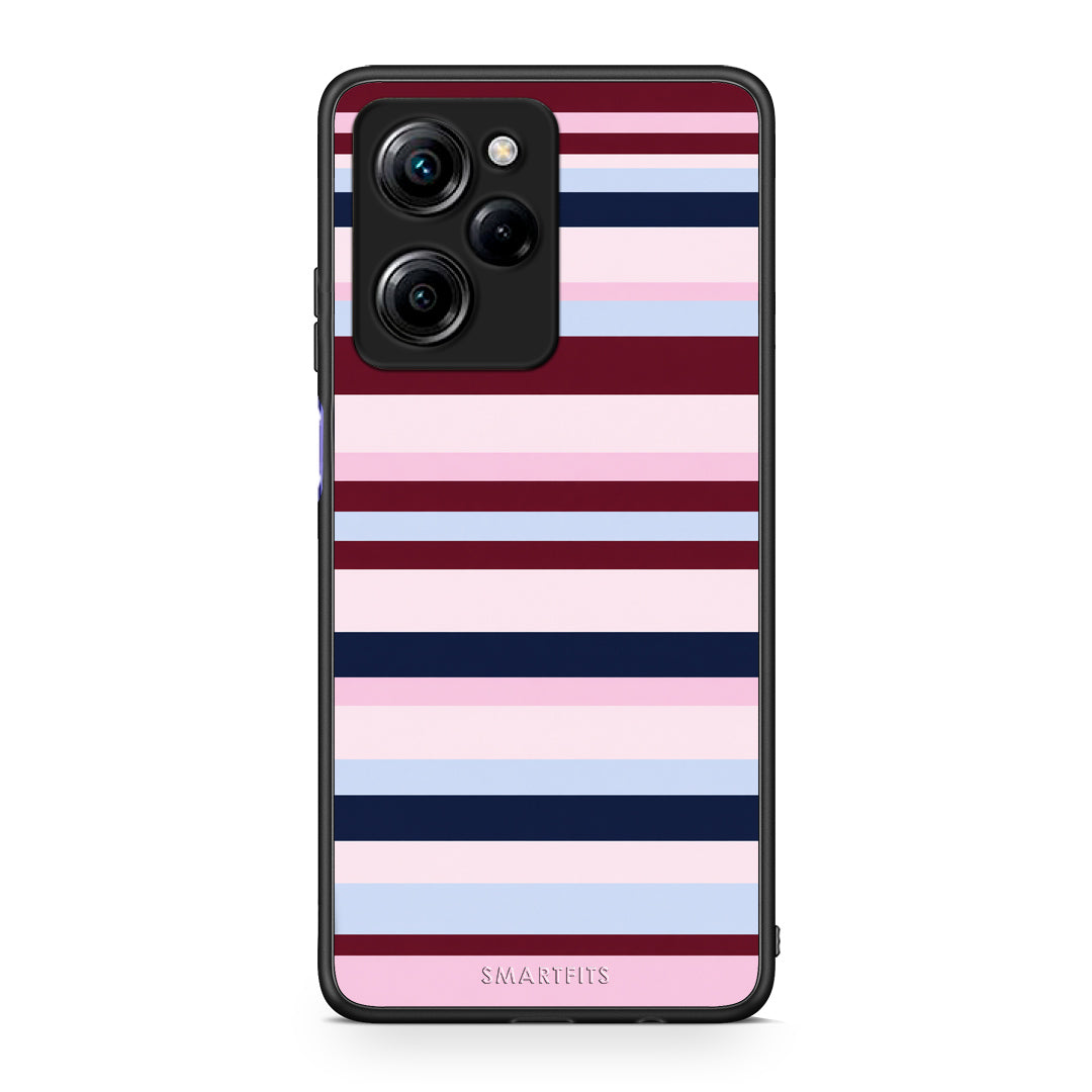 Θήκη Xiaomi Poco X5 Pro 5G Dual Burgundy Pink and Blue Horizontal Stripes από τη Smartfits με σχέδιο στο πίσω μέρος και μαύρο περίβλημα | Xiaomi Poco X5 Pro 5G Dual Burgundy Pink and Blue Horizontal Stripes case with colorful back and black bezels