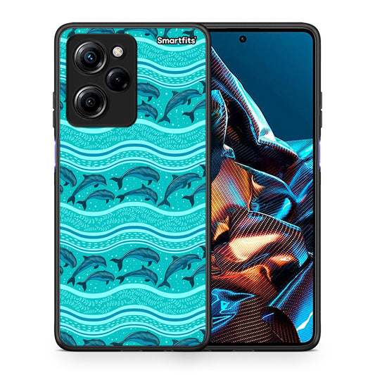 Θήκη Xiaomi Poco X5 Pro 5G Dual Swimming Dolphins από τη Smartfits με σχέδιο στο πίσω μέρος και μαύρο περίβλημα | Xiaomi Poco X5 Pro 5G Dual Swimming Dolphins Case with Colorful Back and Black Bezels