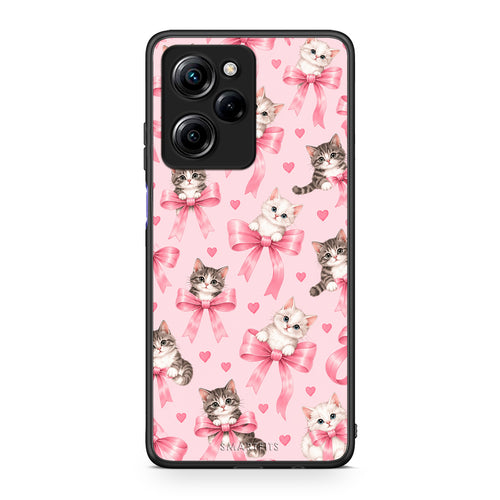 Θήκη Xiaomi Poco X5 Pro 5G Dual Kittens and Pink Bows on Pink από τη Smartfits με σχέδιο στο πίσω μέρος και μαύρο περίβλημα | Xiaomi Poco X5 Pro 5G Dual Kittens and Pink Bows on Pink case with colorful back and black bezels