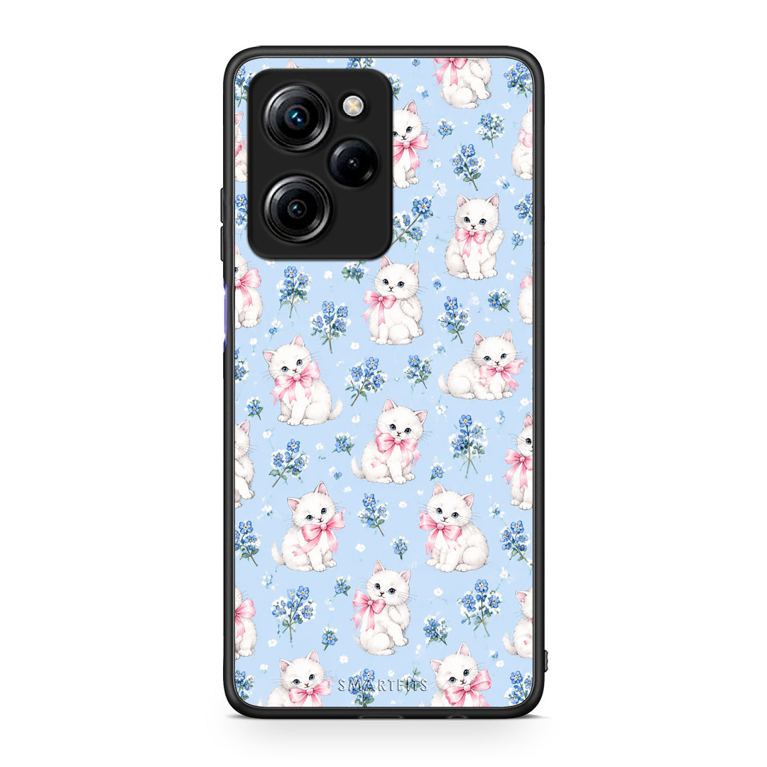 Θήκη Xiaomi Poco X5 Pro 5G Dual White Kittens and Blue Flowers Small από τη Smartfits με σχέδιο στο πίσω μέρος και μαύρο περίβλημα | Xiaomi Poco X5 Pro 5G Dual White Kittens and Blue Flowers Small case with colorful back and black bezels