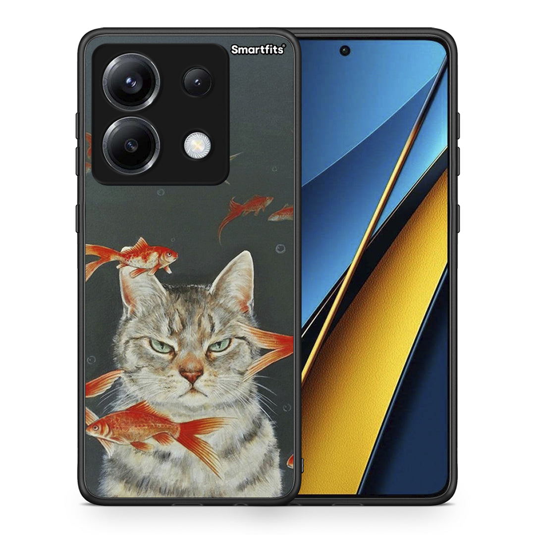 Θήκη Xiaomi Poco X6 Cat Goldfish από τη Smartfits με σχέδιο στο πίσω μέρος και μαύρο περίβλημα | Xiaomi Poco X6 Cat Goldfish case with colorful back and black bezels