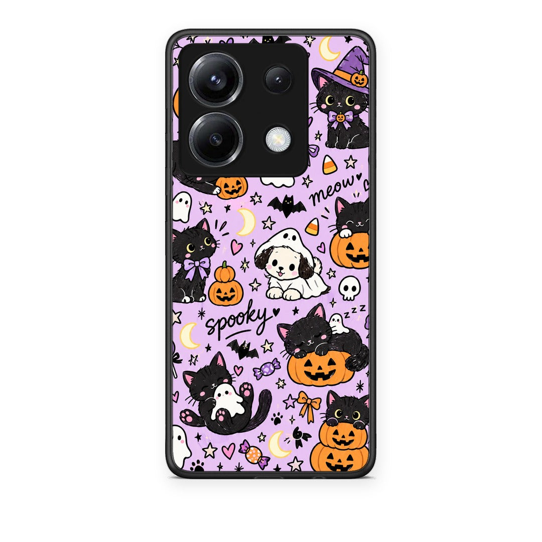 Θήκη Xiaomi Poco X6 Halloween Black Cats on Lilac από τη Smartfits με σχέδιο στο πίσω μέρος και μαύρο περίβλημα | Xiaomi Poco X6 Halloween Black Cats on Lilac case with colorful back and black bezels