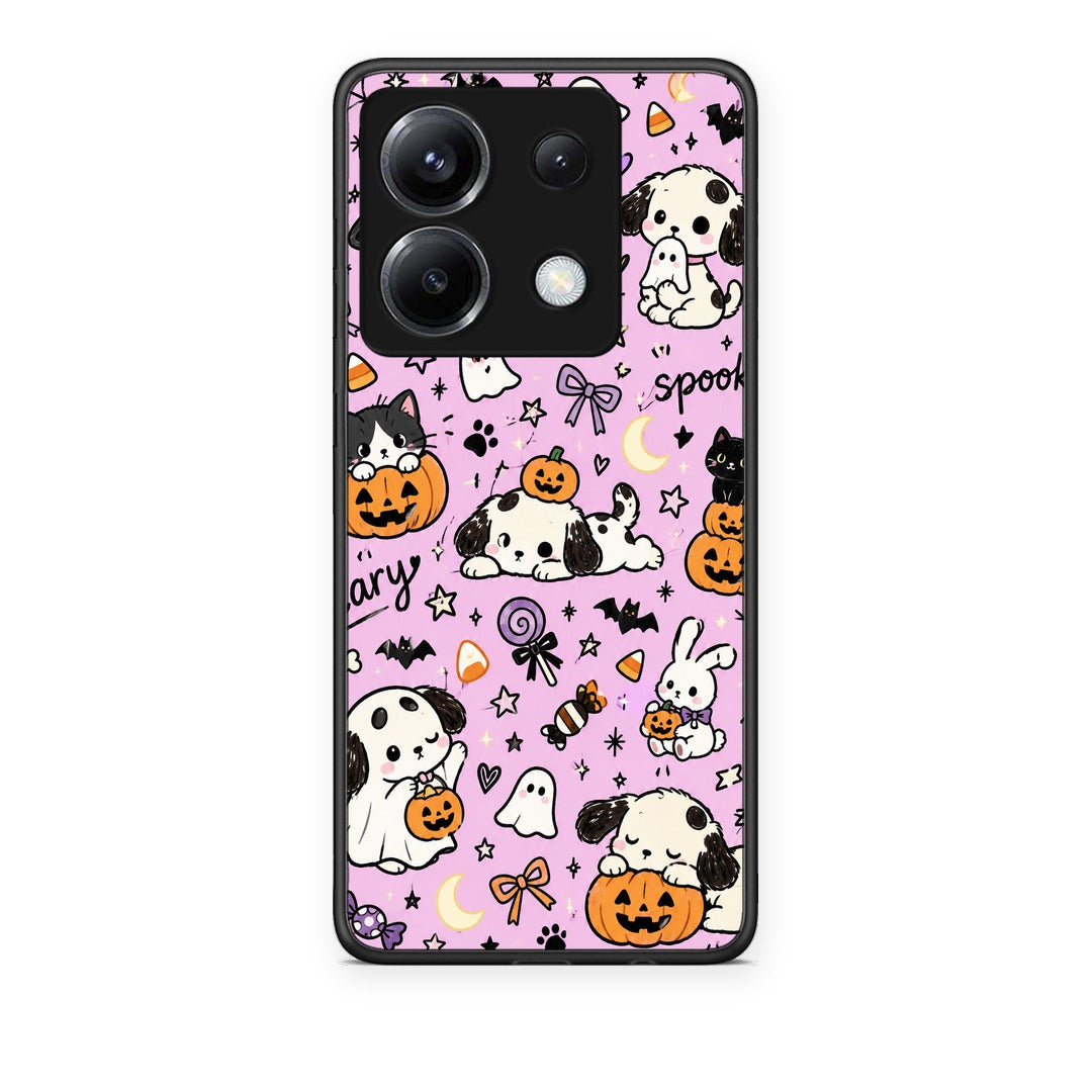 Θήκη Xiaomi Poco X6 Halloween Puppies and Friends on Lilac από τη Smartfits με σχέδιο στο πίσω μέρος και μαύρο περίβλημα | Xiaomi Poco X6 Halloween Puppies and Friends on Lilac case with colorful back and black bezels