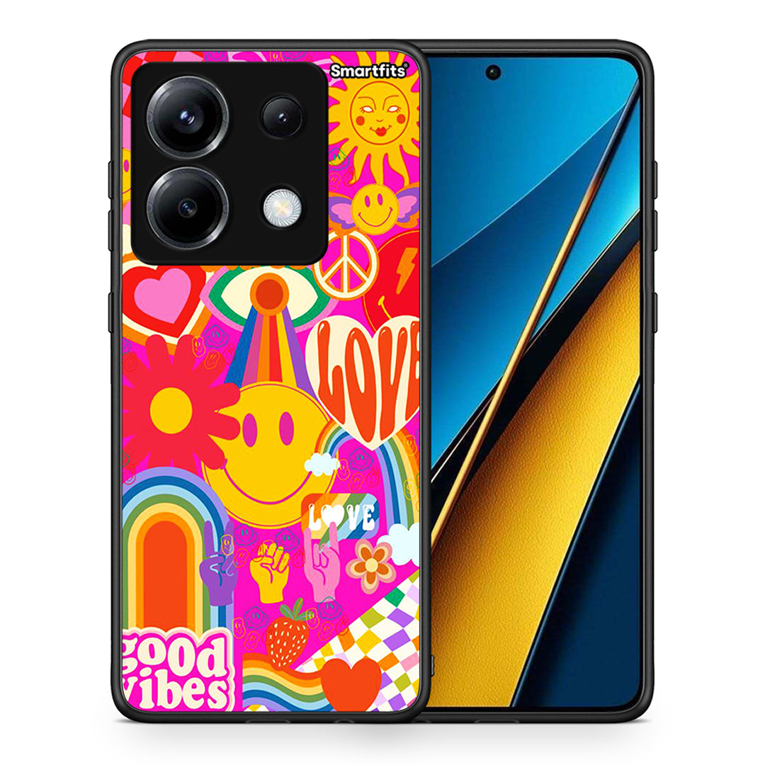Θήκη Xiaomi Poco X6 Hippie Love από τη Smartfits με σχέδιο στο πίσω μέρος και μαύρο περίβλημα | Xiaomi Poco X6 Hippie Love case with colorful back and black bezels