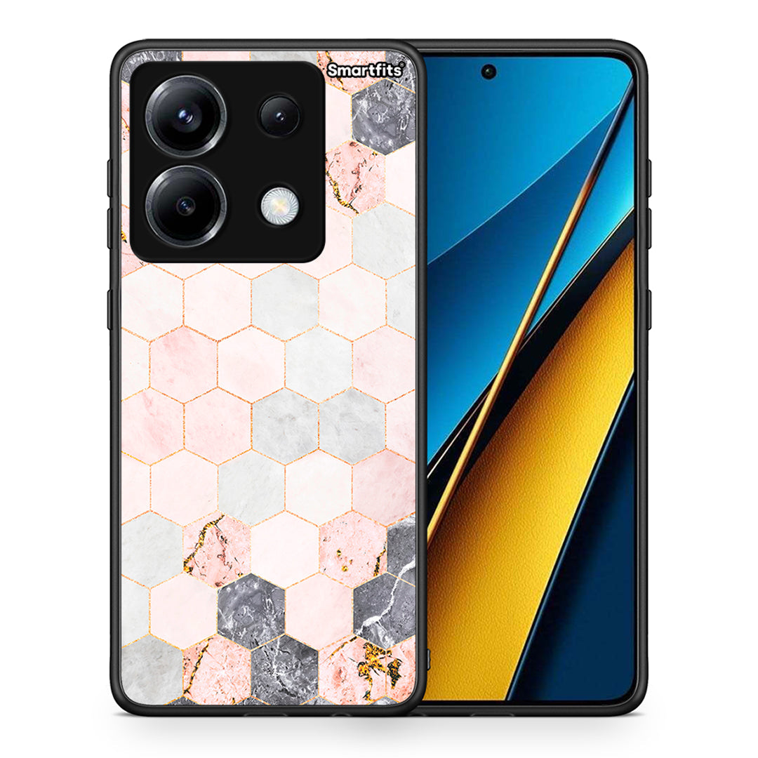 Θήκη Xiaomi Poco X6 Hexagon Pink Marble από τη Smartfits με σχέδιο στο πίσω μέρος και μαύρο περίβλημα | Xiaomi Poco X6 Hexagon Pink Marble case with colorful back and black bezels