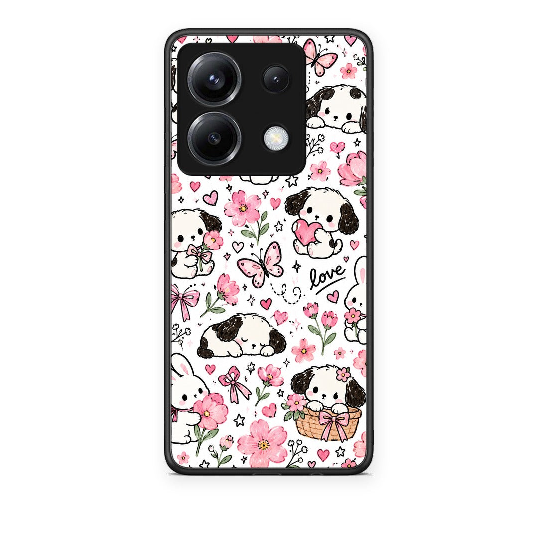 Θήκη Xiaomi Poco X6 Pink Florals Puppies and Bunnies on White από τη Smartfits με σχέδιο στο πίσω μέρος και μαύρο περίβλημα | Xiaomi Poco X6 Pink Florals Puppies and Bunnies on White case with colorful back and black bezels